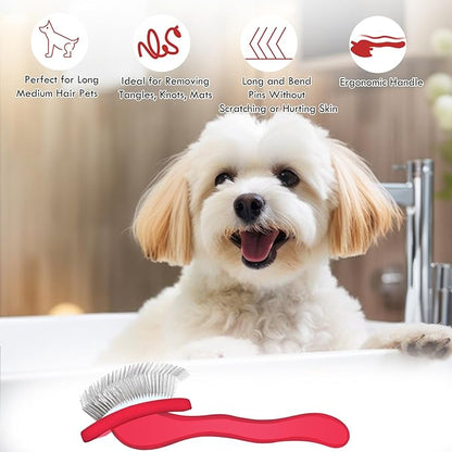 Dog Slicker Brush for Medium or Long Haired Dogs, Removes Loose Hair, Tangles and Knots, Best Grooming Brush for Small Animals, Free Pet Comb, Red