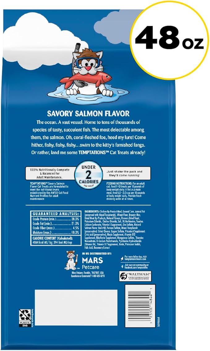 Temptations Classic Crunchy and Soft Cat Treats, Savory Salmon Flavor, 48 oz. Bag