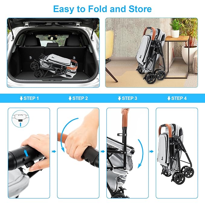 Double Pet Stroller for Dogs and Cats, One-Hand Folding Dog Stroller Travel Carriage for Small Medium Dogs Cats, 4 Wheels, Gray