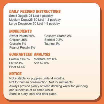 Chicken Jerky Wrapped Sweet Potato Dog Treats w/Taurine, Healthy Dog Snacks Low Fat High Protein, Chewy Training Rewards Treats for Small Medium Large Breeds,10.6 oz, 13-17 Counts