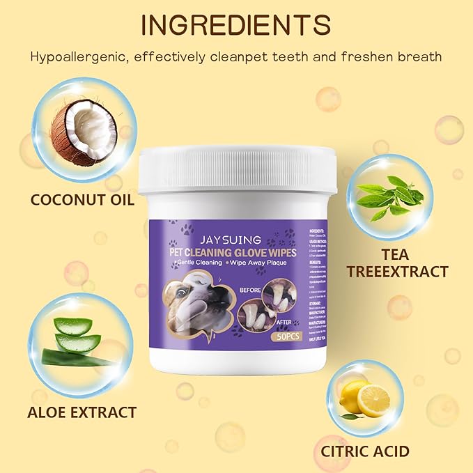 Dog Teeth Cleaning Wipes, Dental Finger Wipes for Cats & Dogs, No-Rinse Dog Finger Toothbrush, Removes Plaque & Tartar, Freshens Breath, Gentle Gum Care, Disposable Pet Oral Wipes, 50 Count