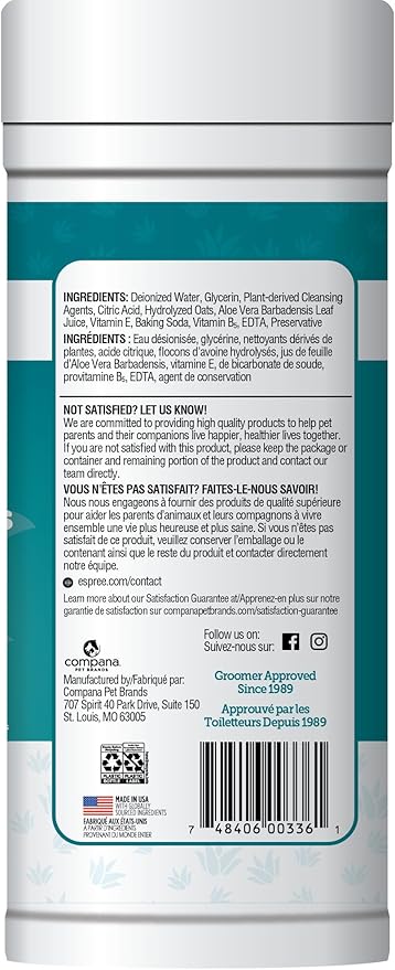 Espree Pet Hypoallergenic Aloe Wipes, Cleaning and Odor-Controlling Grooming Wipes for Paws, Cat Grooming, Dog Care, Perfect for Puppy and Adult Dogs, Fresh Baby Powder Scent, 50 Count