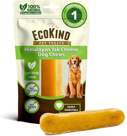 EcoKind Pet Treats Gold Himalayan Yak Cheese Dog Chew, Yak Dog Treats for Active Chewers, 100% Natural & Healthy Chew Sticks for Small & Large Dogs, Assorted Set of Big & Small Yak (1 Large Stick)