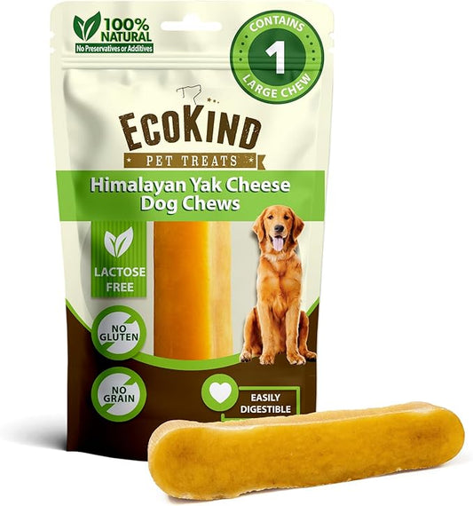 EcoKind Pet Treats Gold Himalayan Yak Cheese Dog Chew, Yak Dog Treats for Active Chewers, 100% Natural & Healthy Chew Sticks for Small & Large Dogs, Assorted Set of Big & Small Yak (1 Large Stick)