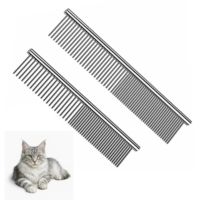 Dog Comb and Cat Combs Stainless Steel Teeth, Grooming Tool for Long & Short Hair, Dematting Comb for Dogs, Removes Tangles & Knots (Small and Large Silver)