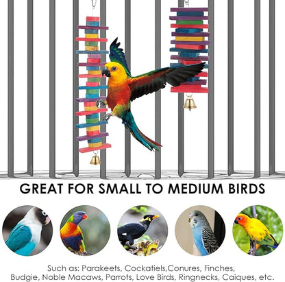 4 Pcs Parrot Toys, Birds Toys with Multicolored Natural Wood Blocks, Bird Chew Toys with Hook and Bell, Bird Cage Toys for Conures, Parakeets, Cockatiels, Lovebirds, African Grey Macaws, 2 Designs