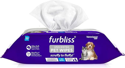 Vetnique Labs Furbliss Hygienic Pet Wipes for Dogs & Cats, Cleansing Grooming & Deodorizing Hypoallergenic Thick Wipes with All Natural Deoplex Deodorizer (Unscented, 100ct Pouch)