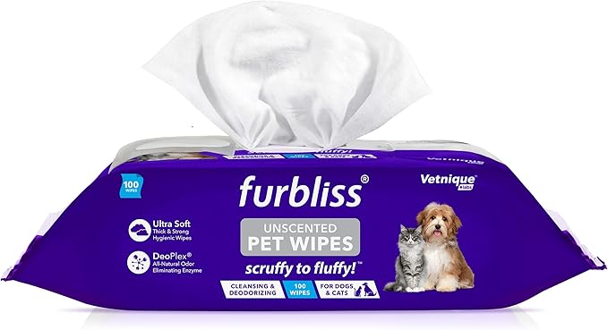 Vetnique Labs Furbliss Hygienic Pet Wipes for Dogs & Cats, Cleansing Grooming & Deodorizing Hypoallergenic Thick Wipes with All Natural Deoplex Deodorizer (Unscented, 100ct Pouch)