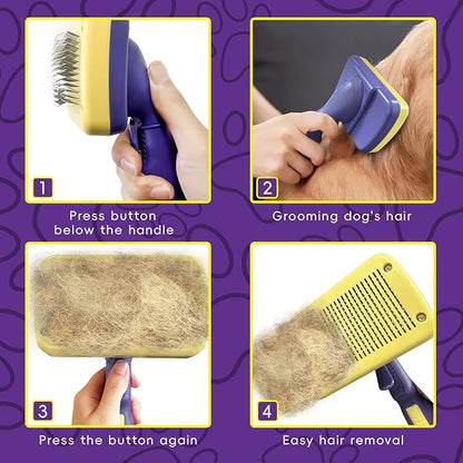 Dog & Cat Brush for Shedding with Self-cleaning, Deshedding Dog Brush for Long Short Haired Dogs and Indoor Cats, Slicker Brush for Dogs Removes Loose Fur, Dog Hair Brush for Massaging Grooming Purple