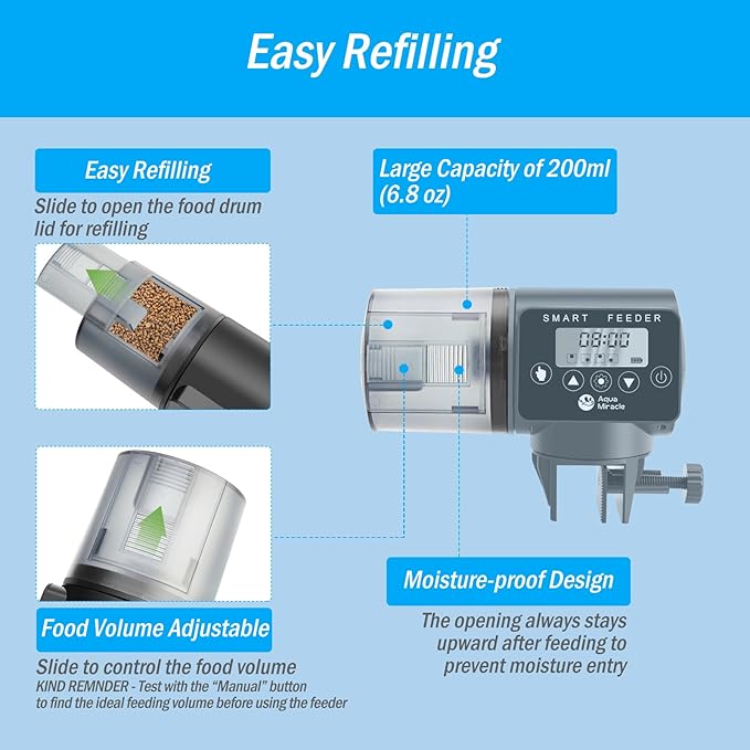 AquaMiracle Programmable Automatic Fish Feeder for Aquarium, Auto Fish Food Dispenser with Timer, Volume Adjustable Vacation Aquarium Feeder with Digital Display, for Granules Pallets Strips