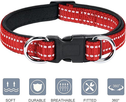 AUAUY Reflective Nylon Dog Collars, Adjustable Classic Pet Collars with Soft Neoprene Padding, Double Security Dual D-Ring and Quick Release Buckle for Small Puppy, Medium and Large Dogs (Red-L)