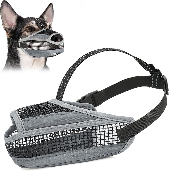 Dog Muzzle for Large Medium Small Dogs, Soft Mesh Muzzle for Dogs with Reflective Adjustable Strap, Prevent Biting Chewing and Licking, Dog Nose Open Design for Reduction Friction (Grey, L)