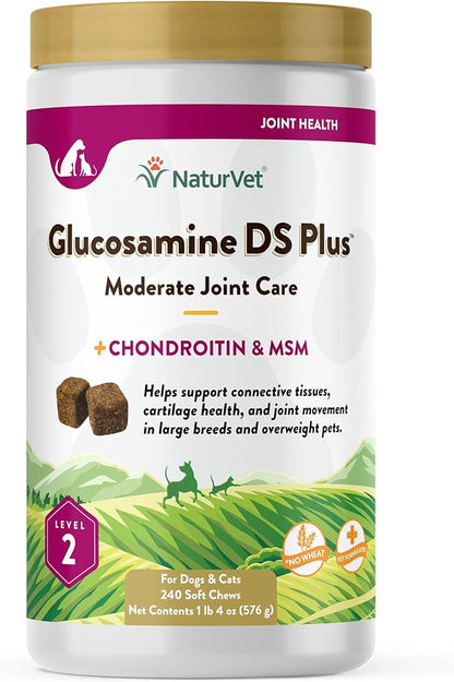 NaturVet  Glucosamine DS Plus - Level 2 Moderate Care  Supports Healthy Hip & Joint Function  Enhanced with Glucosamine, MSM & Chondroitin  for Dogs & Cats  240 Soft Chews