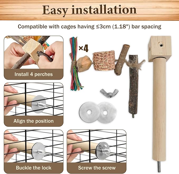 2-Pack 360° Rotating Parrot Perch Toy with Chew Toy, Natural Wooden Perch Stand, Bird Cage Accessory with Exercise Wheel for Small & Medium Birds Like Parrot Finches Muscicapidae etc, US