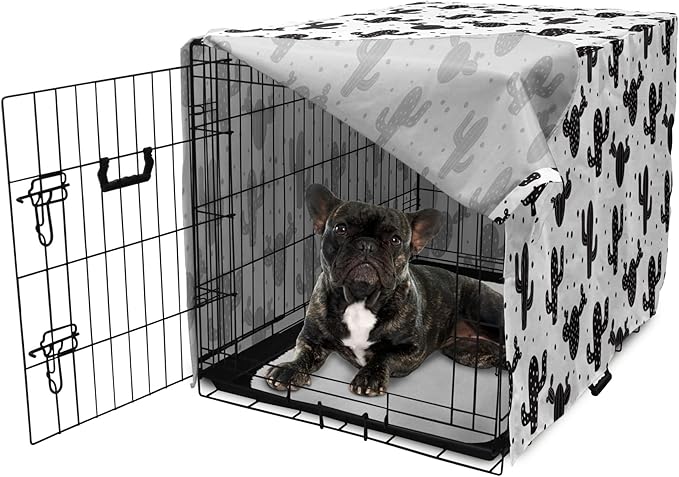 Ambesonne Cactus Dog Crate Cover, Monochrome Saguaro Succulent Botanical Continuous Pattern Plain Background, Easy to Use Pet Kennel Cover for Cats & Medium Dogs, 30 Inch, Charcoal Grey
