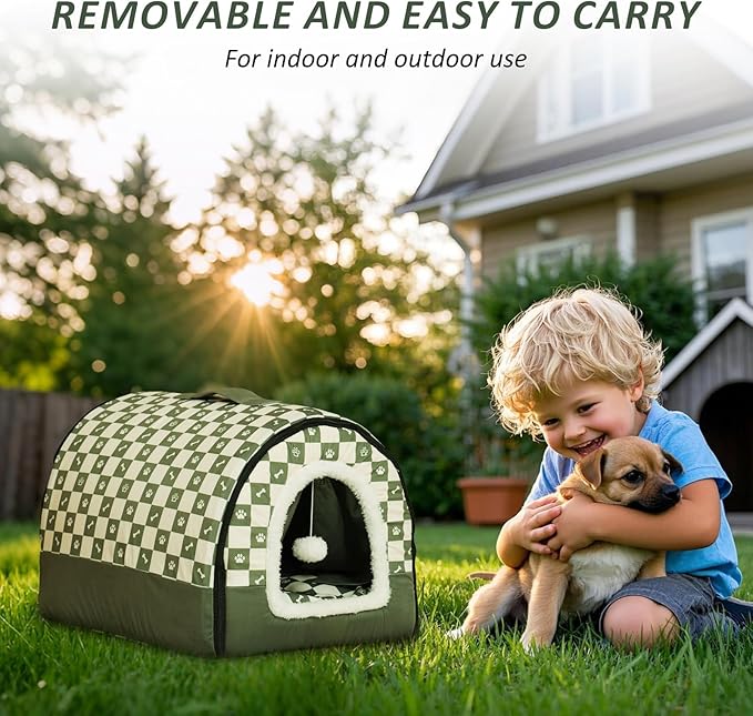 Dog House Indoor, Cozy Dog Cave Bed with Door Curtain, Cushion Mat, Removable and Washable Cover, Multi-Purpose Covered Dog Bed & Cat House for Kitten Puppy Rabbit