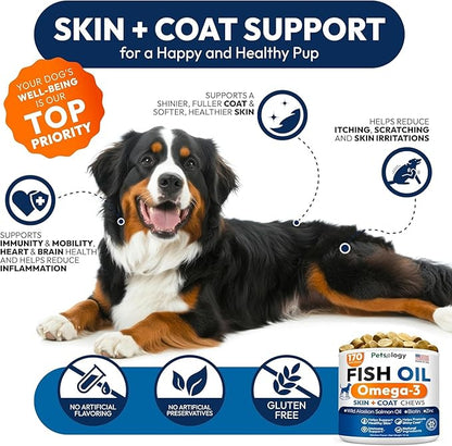 Omega 3 Fish Oil for Dogs - 170 Chews - Omega 3 for Dogs Itchy Skin & Allergy Relief - Skin & Coat Supplement - EPA & DHA Fatty Acids - Dog Anti Shedding & Hot Spot Treatment - Salmon Oil