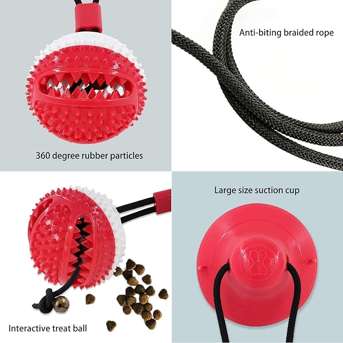 Dog Toys, Dog Chew Toys for Aggressive chewers,Dog Rope Toys with Suction Cup for Puppy Dogs,Dog Training Treats Teething Toys for Boredom, Small Dog Puzzle Toy Treat Food Dispensing Ball Toys (red)