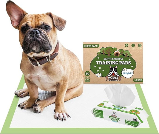Pogi's Pads n' Wipes Bundle - 50 Large Doggy Training Pads with Sticky Tabs (24 x 24 inches) and 100 Plant-Based, Hypoallergenic Pet Wipes for Dogs