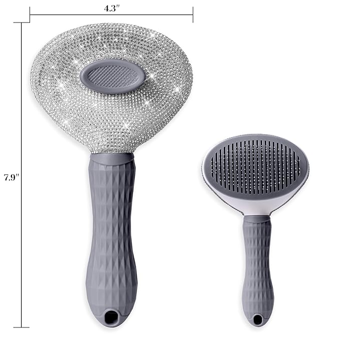 Full Diamonds Self Cleaning Slicker Brush for Dogs & Cats, Skin Friendly Grooming Cat Brush, Dog Brush for Shedding, Deshedding Brush, Hair Brush Rhinstones Brush for Haired Pets,Grey