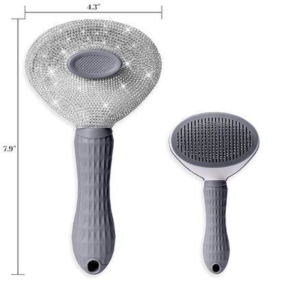 Full Diamonds Self Cleaning Slicker Brush for Dogs & Cats, Skin Friendly Grooming Cat Brush, Dog Brush for Shedding, Deshedding Brush, Hair Brush Rhinstones Brush for Haired Pets,Grey