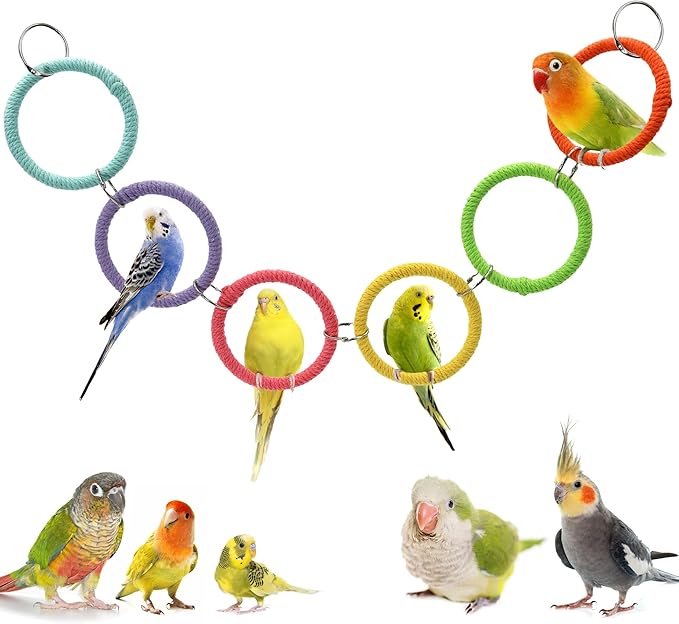 6-Ring Bird Swing Toy for Cage, Colorful Cotton Rope Perch for Parrots Soft Grip, DIY Adjustable Hanging Parakeet Toys, Interactive Multi-Bird Swing and Climb for Budgies, Lovebirds, Cockatiels