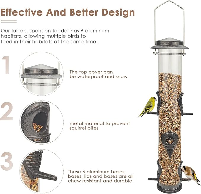 MIXXIDEA Metal Wild Bird Feeders, Squirrel Proof, Hanging 6 Port Tube Transparent Finch Feeders for Attracting Birds in Your Lawn, Garden, Balcony Coffee