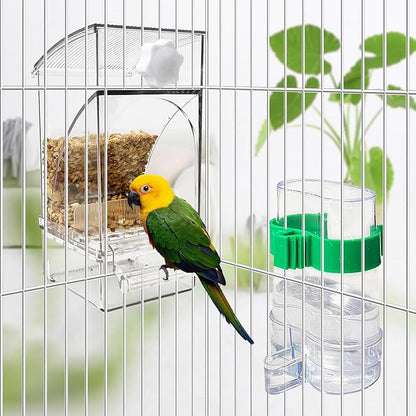 Hamiledyi No Mess Bird Feeders Water Dispenser Set Automatic Parakeet Cage Feeder with Perch Transparent Acrylic Container Parrot Cage Accessories for Canary Budgie Lovebirds Finches