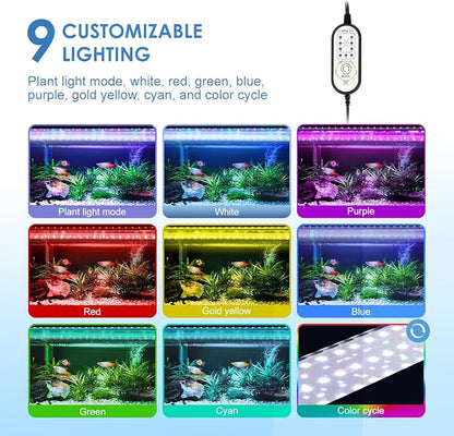 Aquarium Light,14W 24/7 Natural Mode,9 Light Modes(Water Grass Mode & 7 Colors & Cycle),Adjustable Timer and 7 Color Brightness - with Expandable Mounting Bracket for 12~18IN Fish Tank