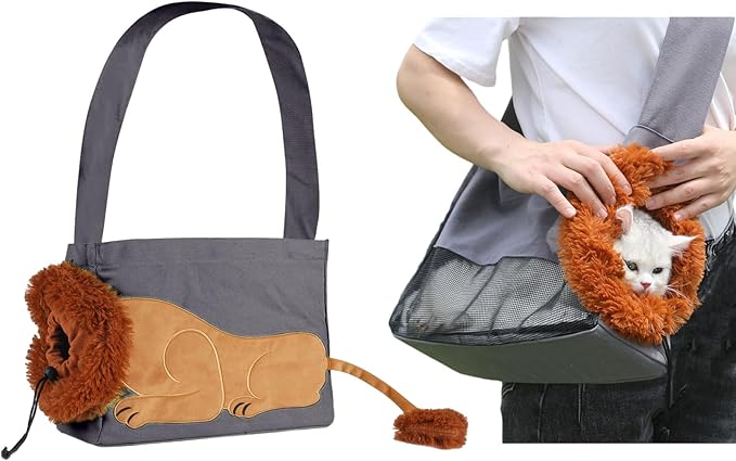 Dog Carrier Sling Lion-Shaped Pet Canvas Bag Cat Shoulder Bag Pet Body Holder for Daily Use Walking Travel Outdoor, Dark Grey S