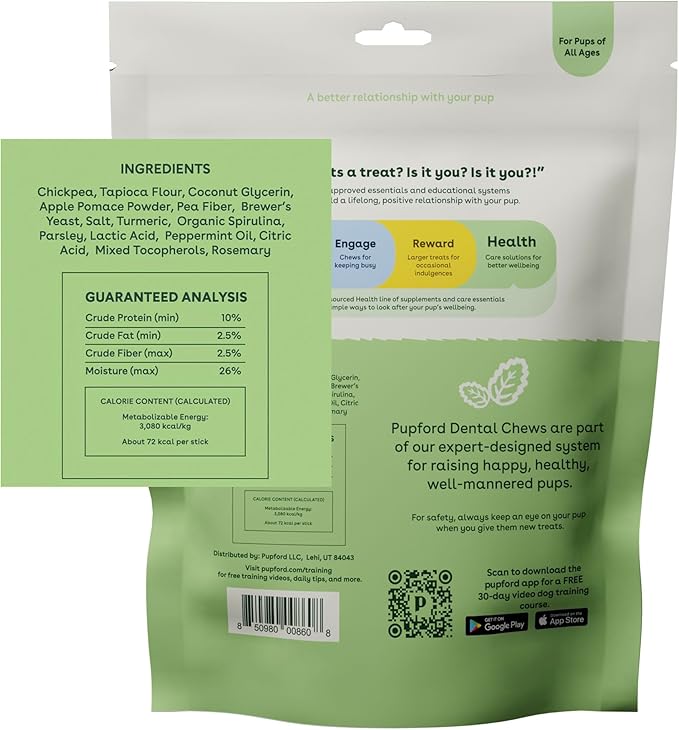 Pupford Dental Chews for Dogs | Freshens Breath, Scrapes Plaque, Safe for Gut | Healthy, Limited Ingredient, All Natural |Yummy & Made in USA | Free Training Resources | 14 Count