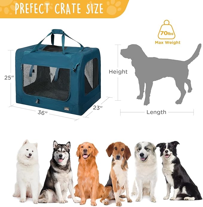 36 Inch Collapsible Soft Large Dog Crate, 3 Door Portable Dog Crates for Large Dogs, Soft Sided Dog Kennel with Chew Proof Mesh Windows, Dog House Indoor & Outdoor, Travel Dog Crate