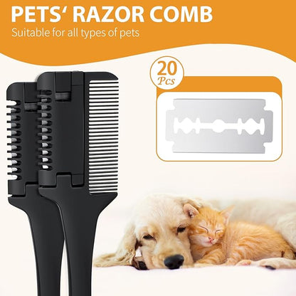 2-in-1 Pet Grooming Comb for Dogs and Cats - 2 Combs with 20 Extra Blades for Trimming and Grooming