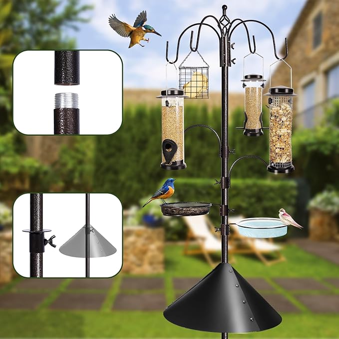 6-Hook Bird Feeding Station Kit Wild Bird Feeder Stand Pole, Multi-Feeder Hanging Kit Stand with Water Bowl, Mesh Tray and Squirrel Guard Baffle, 94 Inch