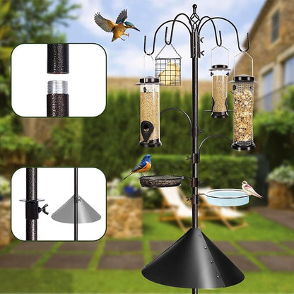 6-Hook Bird Feeding Station Kit Wild Bird Feeder Stand Pole, Multi-Feeder Hanging Kit Stand with Water Bowl, Mesh Tray and Squirrel Guard Baffle, 94 Inch