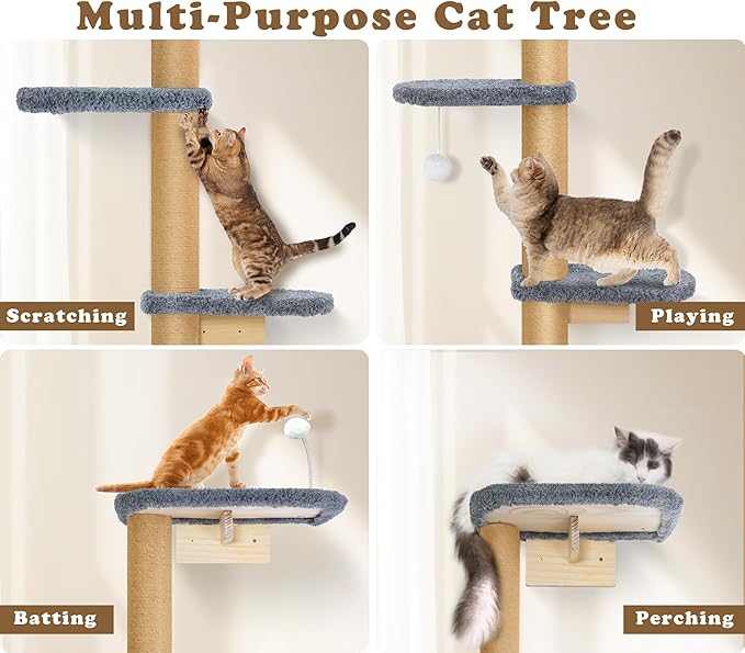 Cat Wall Shelves for Kittens, 83” Floor to Ceiling Cat Tree with Grey Plush Pads, Adjustable Wild Simulation Climbing Tree, Wall-Mounted Cat Tower with Scratching Post for Play, Climb & Scratching