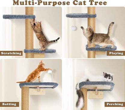 Cat Wall Shelves for Kittens, 83” Floor to Ceiling Cat Tree with Grey Plush Pads, Adjustable Wild Simulation Climbing Tree, Wall-Mounted Cat Tower with Scratching Post for Play, Climb & Scratching