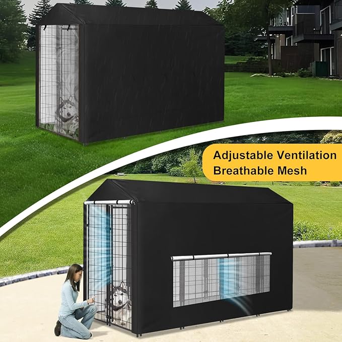 Dog Kennel Cover Large Shade Outdoor Playpen Cover Fully Enclosed Outside Waterproof Dog Crate Cover with Anti-UV Mesh Window and Clear Pannel for Viewing (Cover only Patent Design)