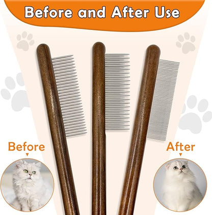 3 Pack Solid Wood Cat Combs, Stainless Steel Teeth for Cat Dog Rabbit Massage, Flea Lice Comb Removes Mats, Tangles and Loose Fur, Grooming Comb for Small Medium Pets