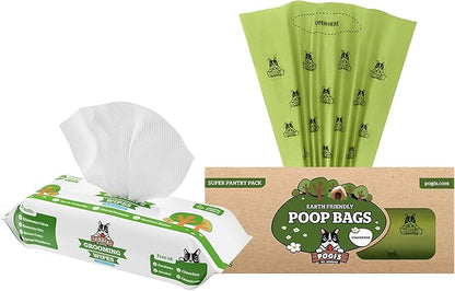 Pogi's Poop n' Wipe Combo - 500 Unscented Dog Poop Bags and 100 Plant-based Grooming Wipes Bundle