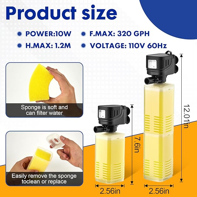 320 GPH Aquarium Filter lnternal Submersible Pump for 40 to 100 Gal Tanks ，Wave maker 4 in 1 ，Biochemical Filtration Powerful Pump/Pond Clear