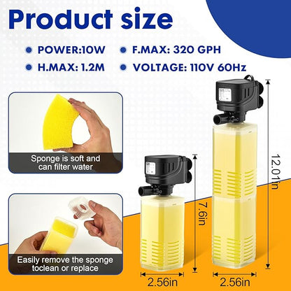 320 GPH Aquarium Filter lnternal Submersible Pump for 40 to 100 Gal Tanks ，Wave maker 4 in 1 ，Biochemical Filtration Powerful Pump/Pond Clear