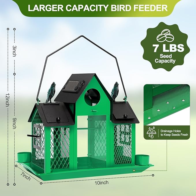 Solar Bird Feeders House for Outdoors Hanging, 7LBS Large Capacity Metal Wild Bird Feeder Squirrel Proof for Outside with Water Cup, Cardinal Birdfeeder Birdhouses Gift for Bird Lovers (Green)