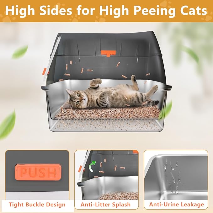 ELEGX Pine Litter Sifting Cat Litter Box, 4-in-1 Cat Metal Litter Box Set,Enclosed Removable Metal Litter Box with Screen Mesh,High Sided Enclosure,Mat & Scoop (Deep Grey)
