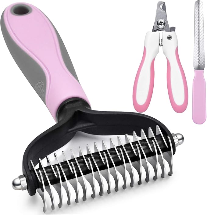 GOESWELL Dog brush for shedding Undercoat Rake for Dogs & Cats - Double Sided Brush for Dematting Comb Grooming Tool kit - Nail Clippers & Nail File (Pink(3 Pack))
