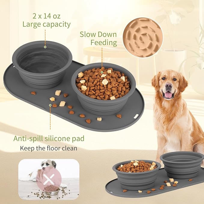 Puppy Dog Bowl,Travel Bowls Dog Food Bowls&Dog Water Bowls,No Spills,Collapsible Double Bowl,Suitable for Small and Medium Sized Dogs(Dark Grey)