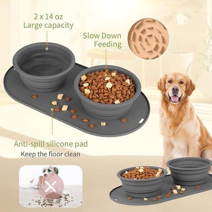 Puppy Dog Bowl,Travel Bowls Dog Food Bowls&Dog Water Bowls,No Spills,Collapsible Double Bowl,Suitable for Small and Medium Sized Dogs(Dark Grey)