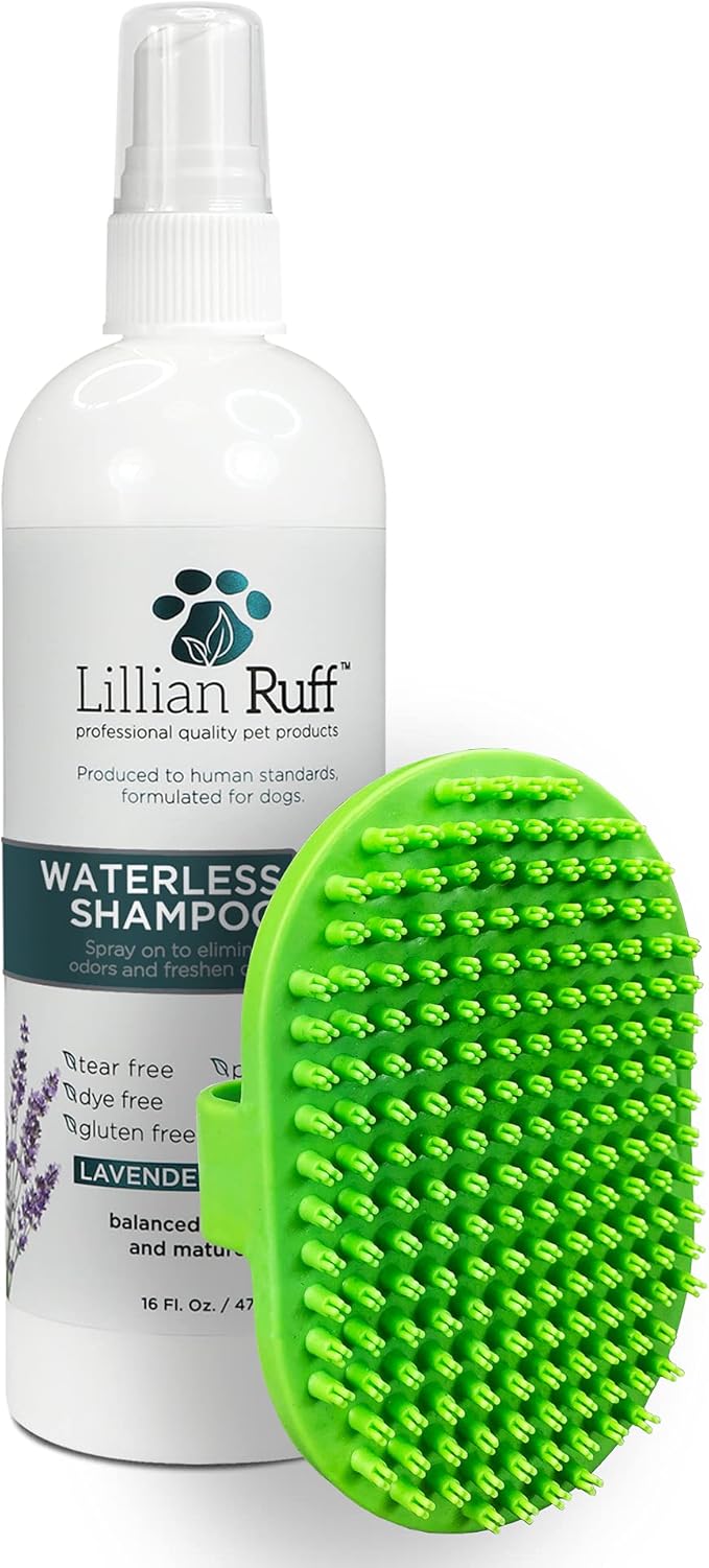 Lillian Ruff Waterless No-Rinse Dog Dry Shampoo Spray with Hydrating Essential Oils - pH-Balanced Dry Shampoo for Dogs - Clean, Condition, Detangle & Deodorize Dry, Sensitive Skin (16oz/Brush)