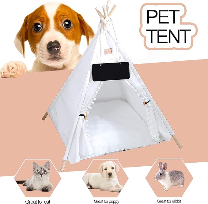 Pet Teepee, Portable Pet Tents for Small Dogs or Cats, Puppy Sweet Bed Washable Dog or Cat Houses with Cushion(White,24")