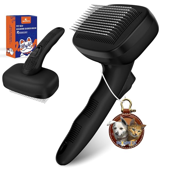 Dog Self Cleaning Slicker Brush for Shedding, Ideal for Short Long Haired Dogs, Including Cat. Removes Loose Fur, Undercoat, Mats, Tangled Hair. Suit for Large Medium Small Animal, Black